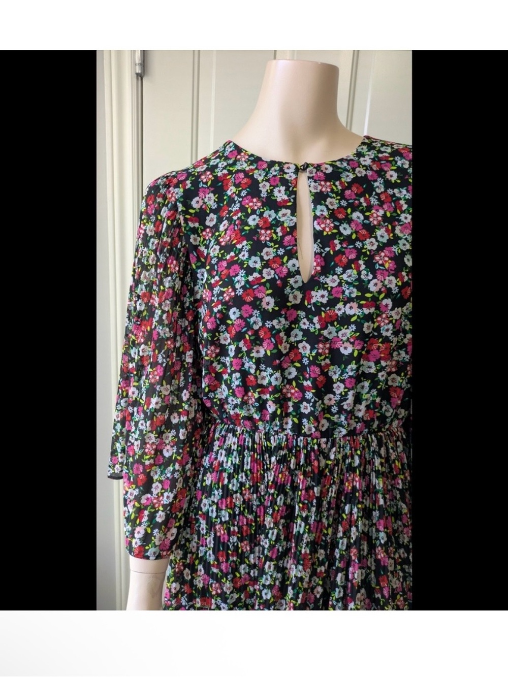 H&M Black Floral Long-Sleeve Midi Dress with Pink & Green Blooms